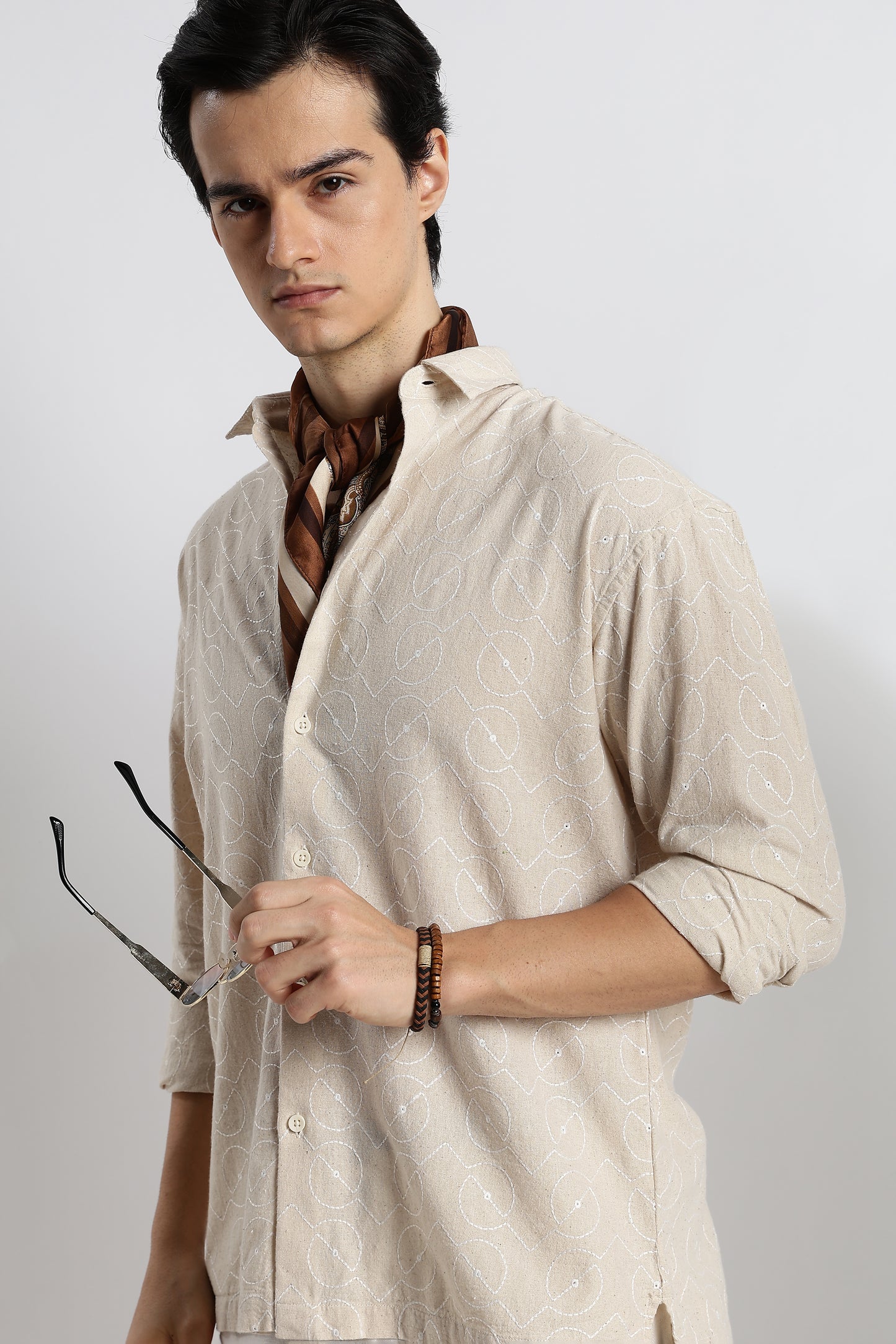 Natural Embroidered Cotton Shirt Cream