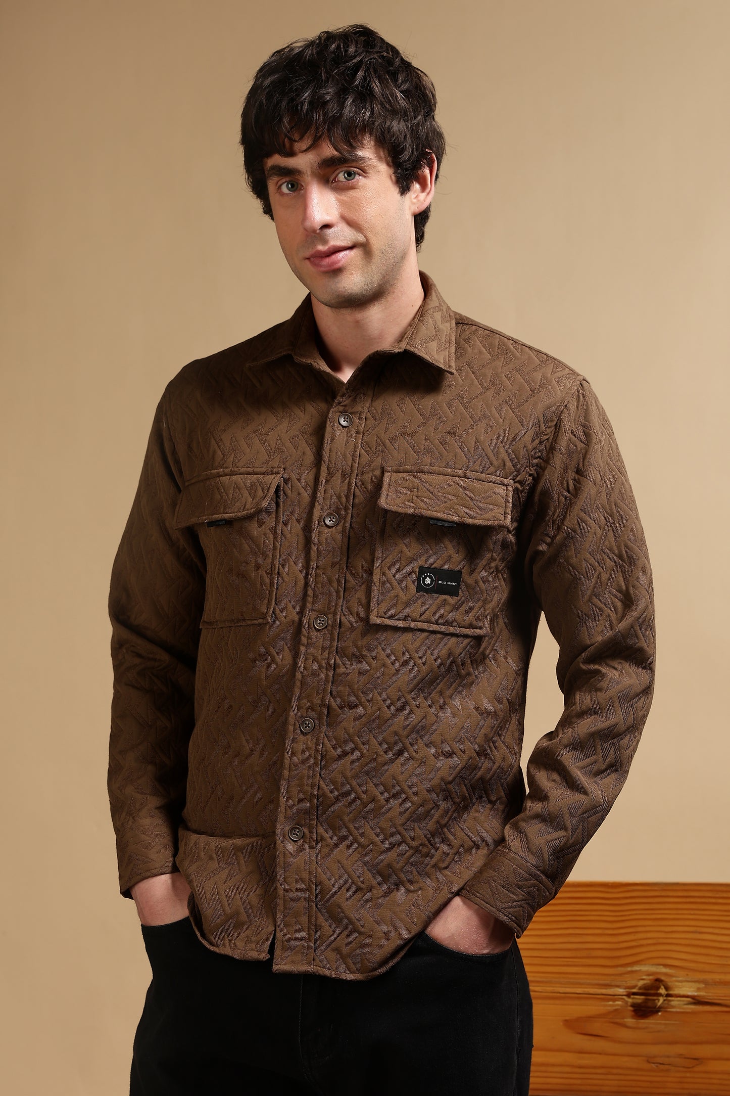 Poly Cotton Over sized Shacket Shirt Brown