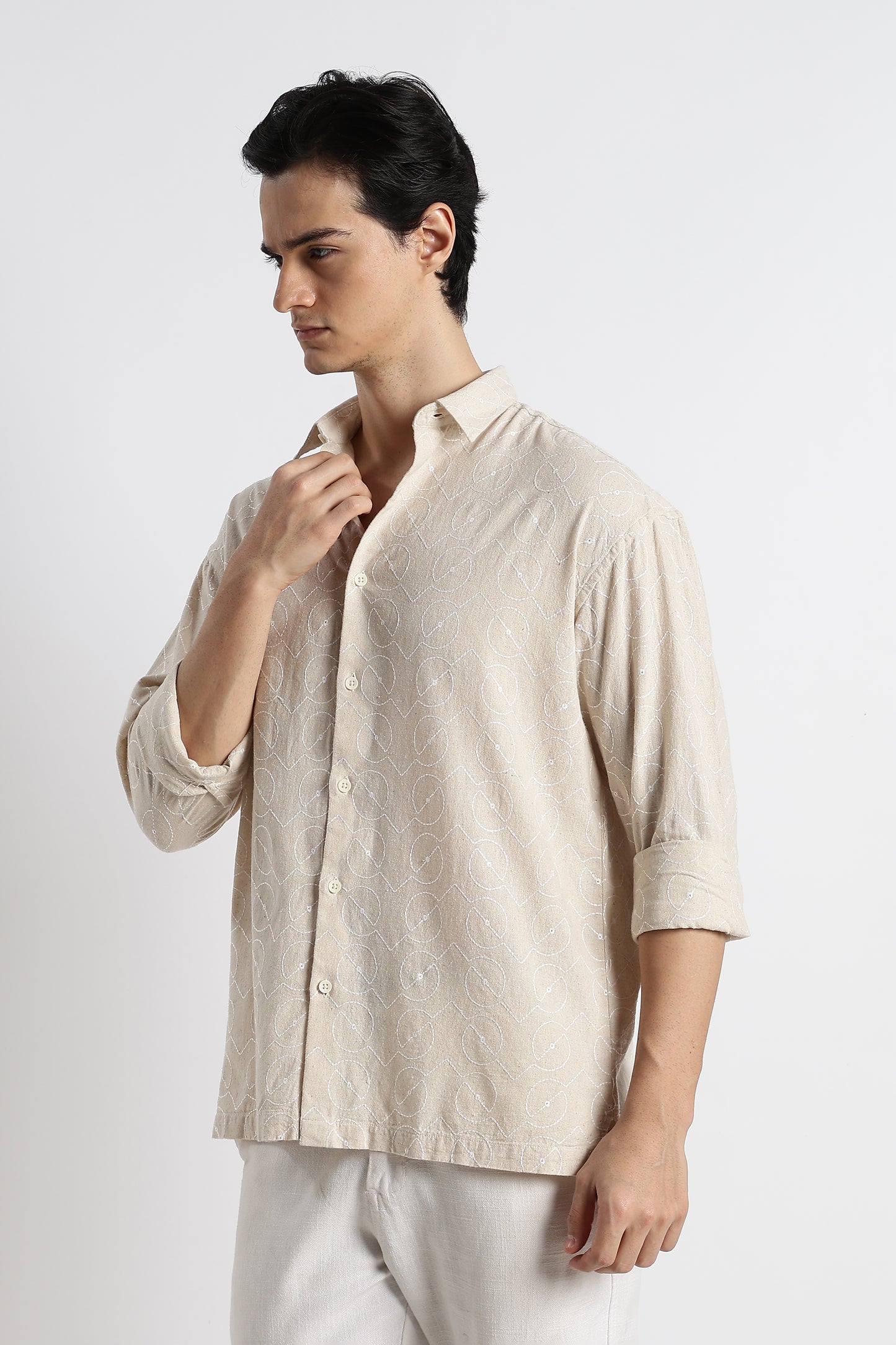Natural Embroidered Cotton Shirt Cream