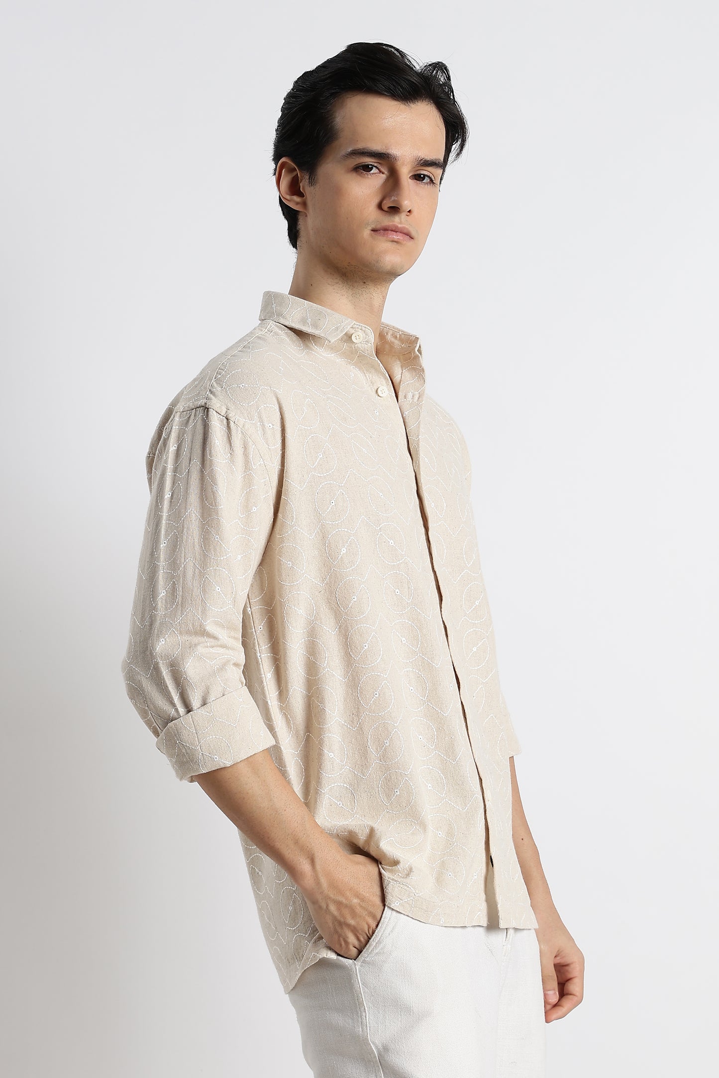 Natural Embroidered Cotton Shirt Cream