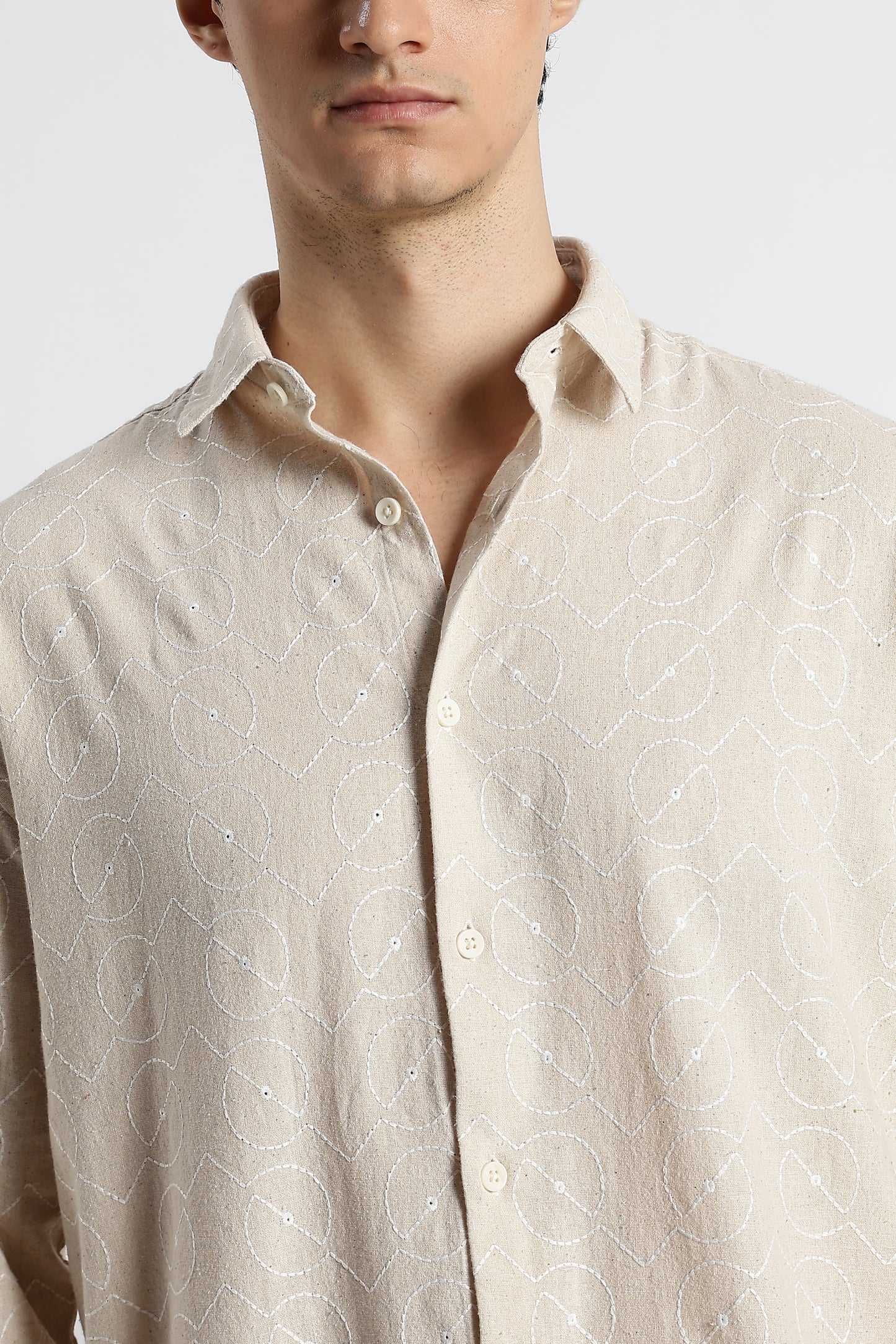 Natural Embroidered Cotton Shirt Cream