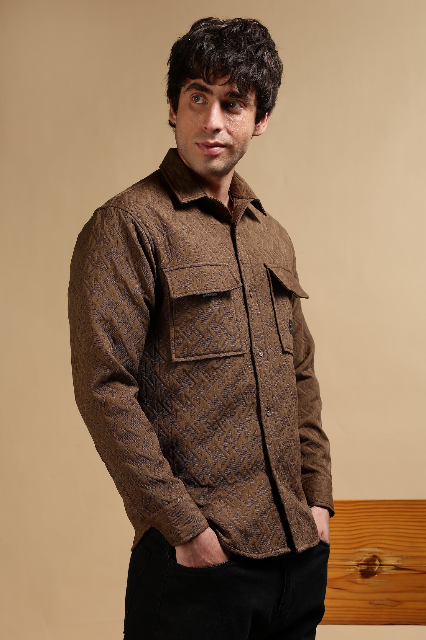 Poly Cotton Over sized Shacket Shirt Brown