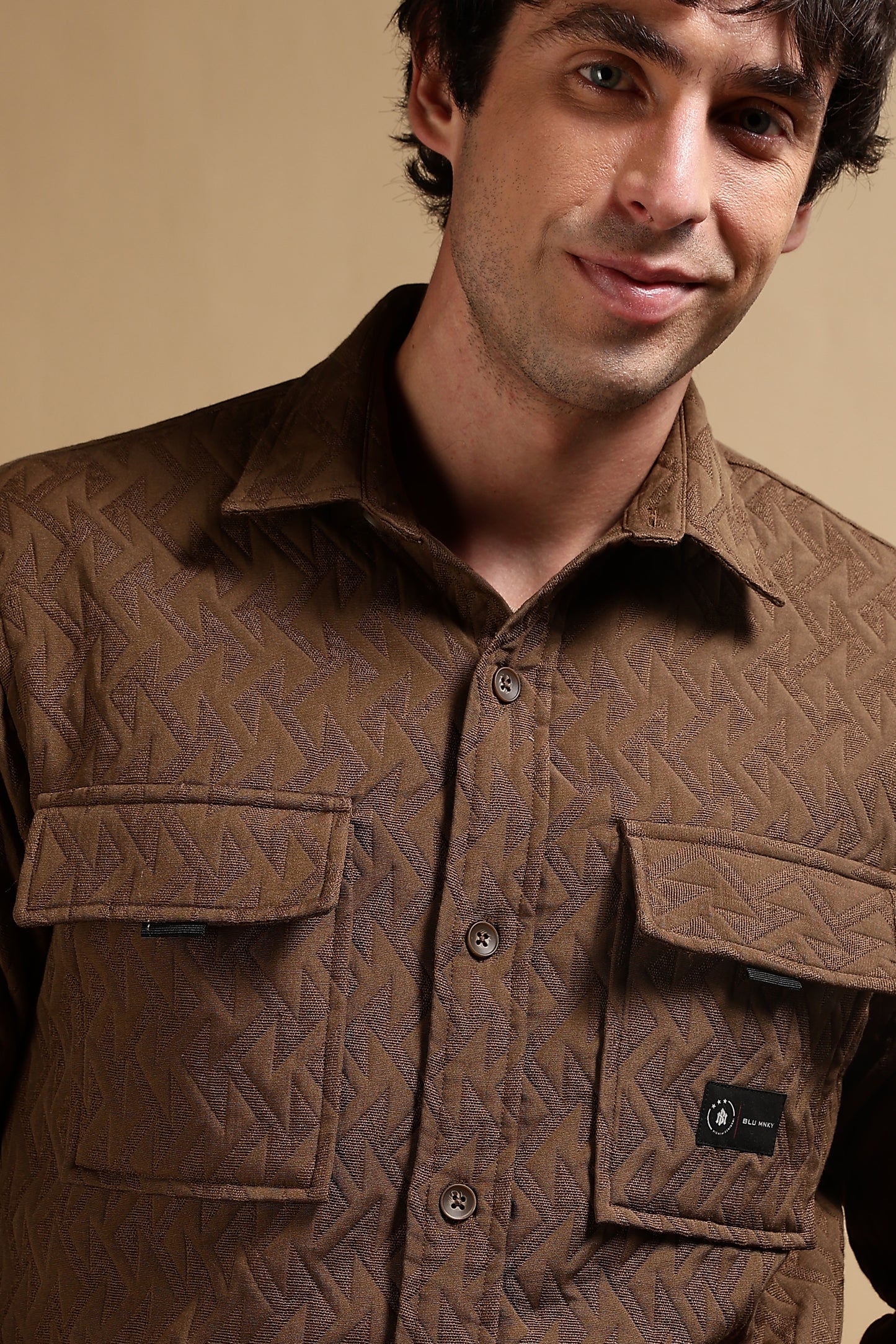 Poly Cotton Over sized Shacket Shirt Brown