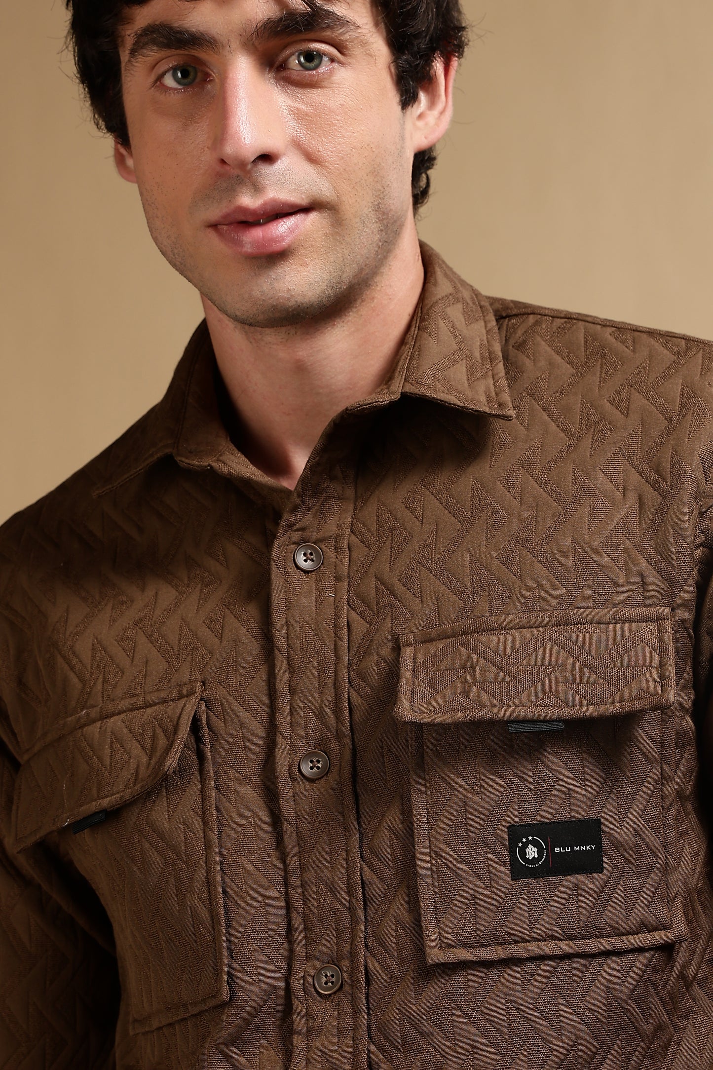 Poly Cotton Over sized Shacket Shirt Brown