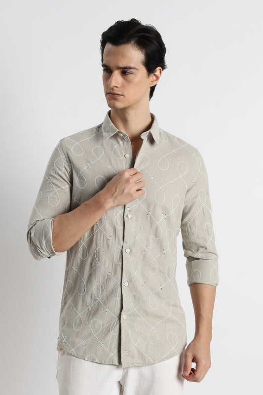 Embroidered Cotton-Linen Shirt Lt Green