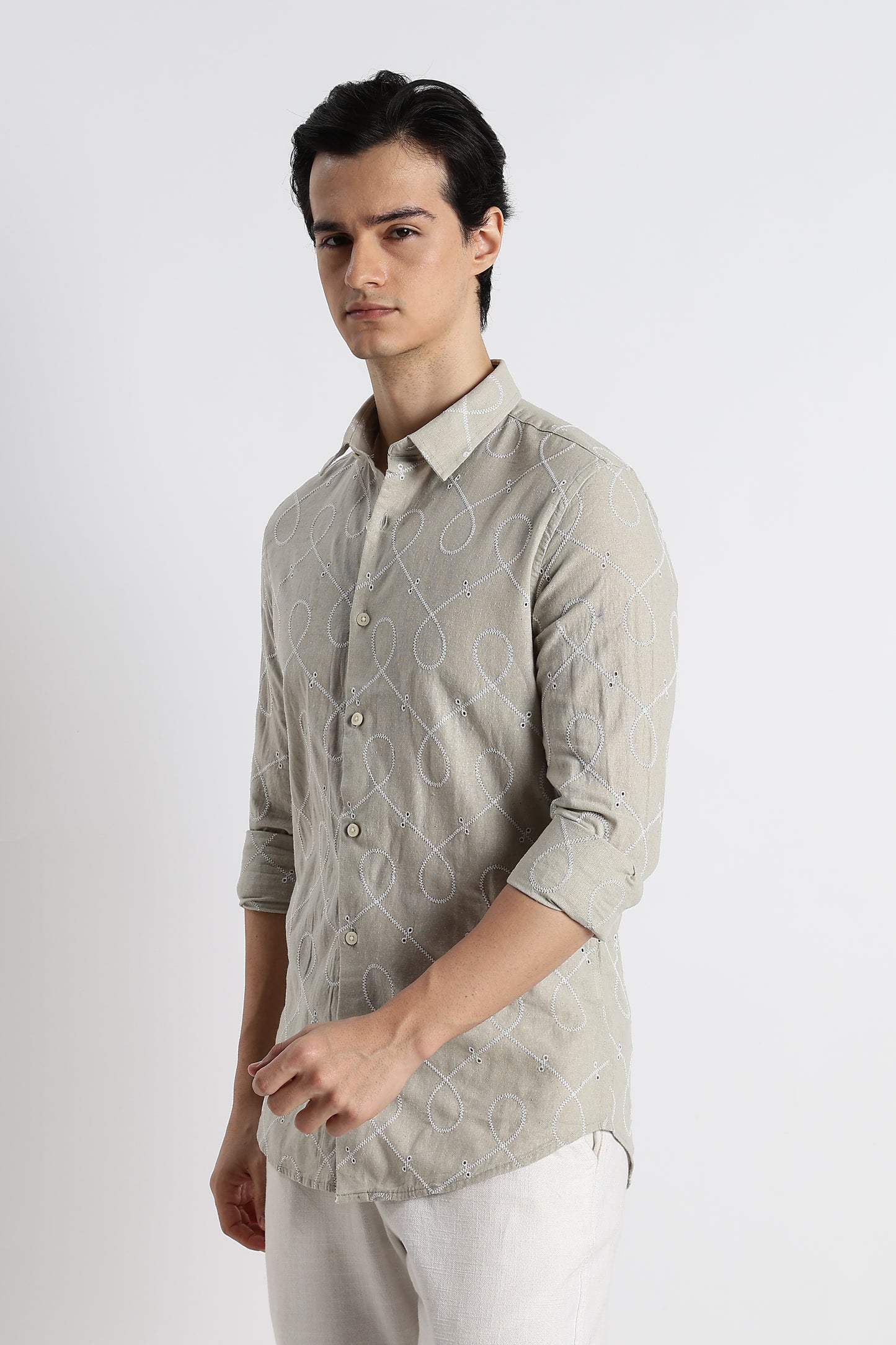 Embroidered Cotton-Linen Shirt Lt Green