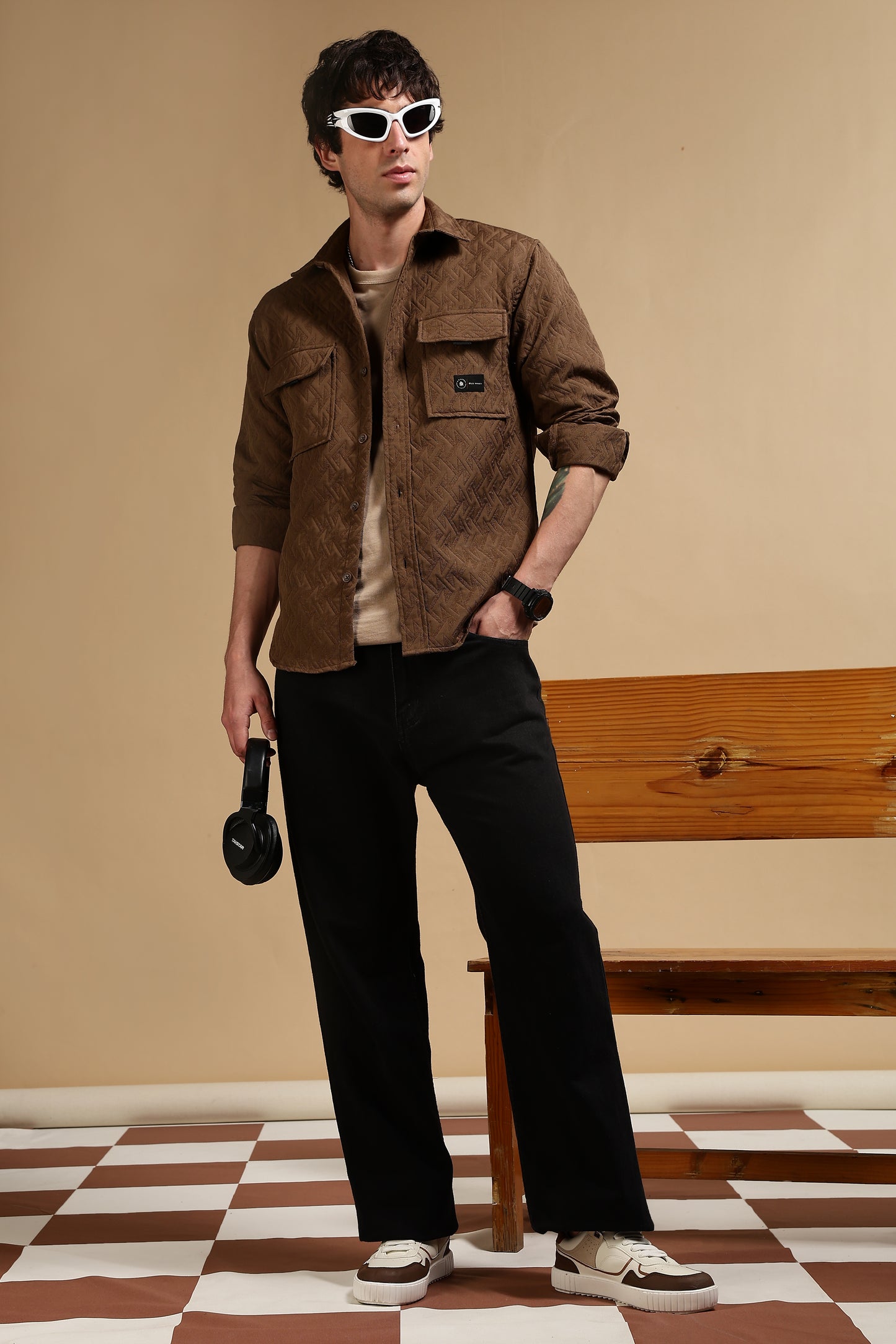Poly Cotton Over sized Shacket Shirt Brown