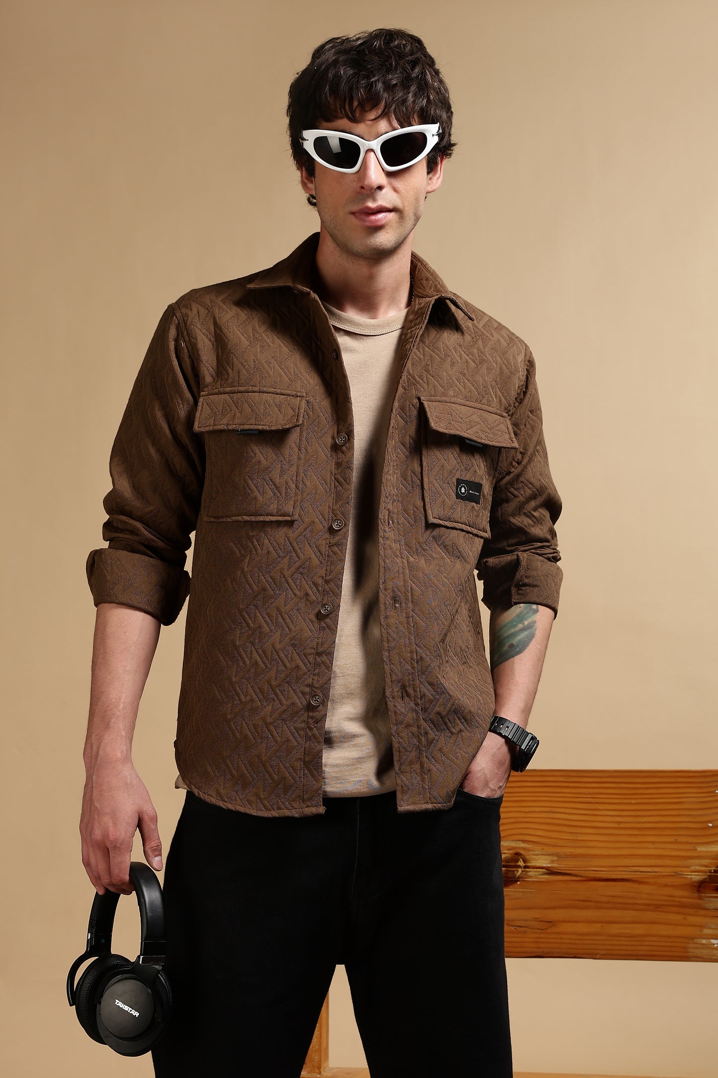 Poly Cotton Over sized Shacket Shirt Brown