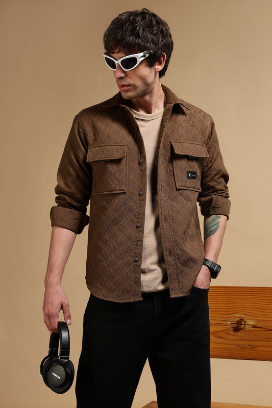 Poly Cotton Over sized Shacket Shirt Brown