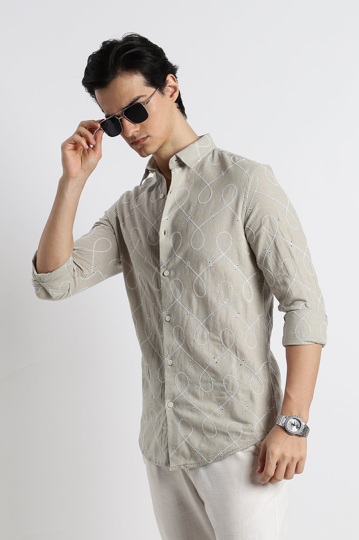 Embroidered Cotton-Linen Shirt Lt Green