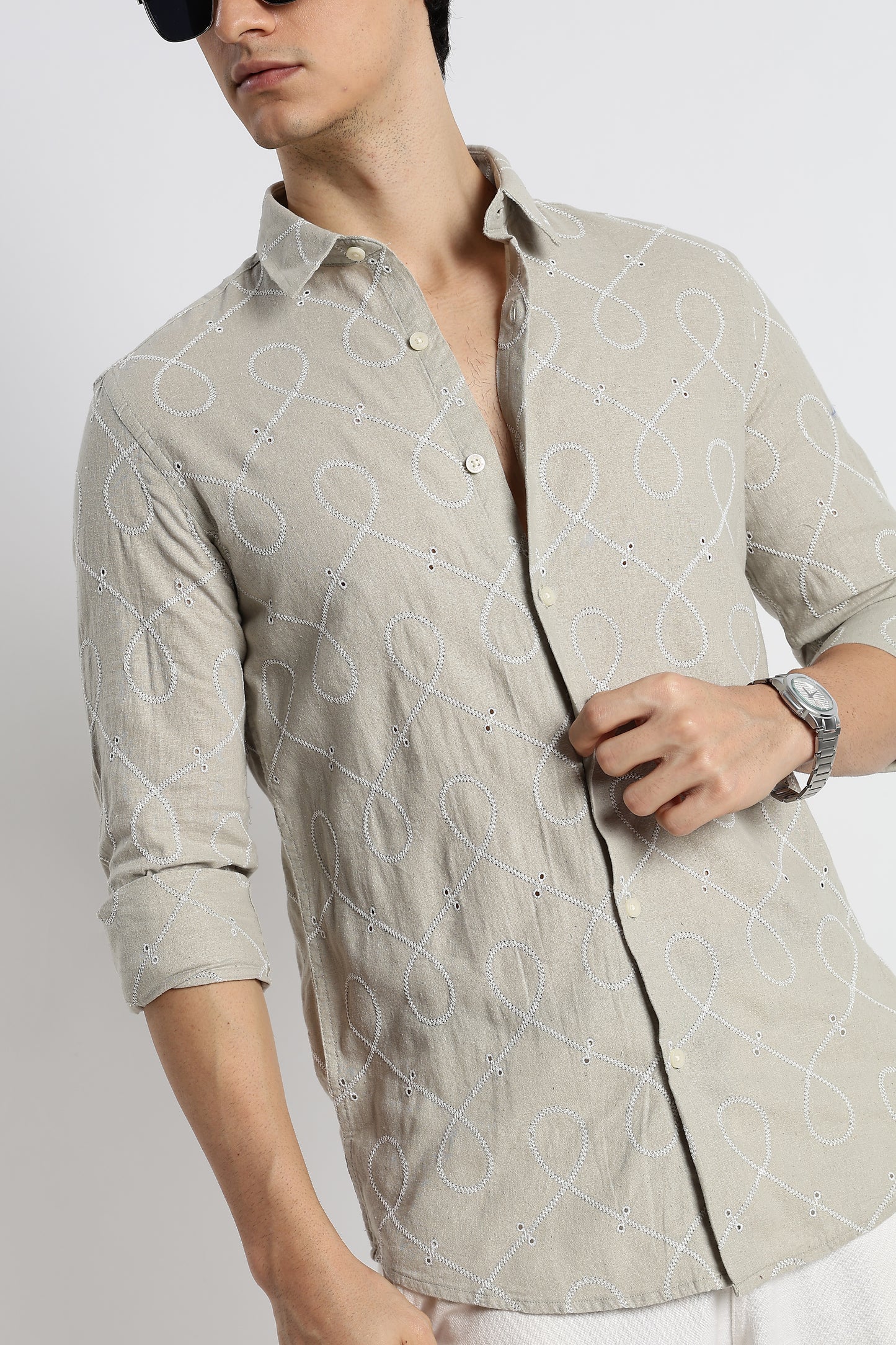 Embroidered Cotton-Linen Shirt Lt Green