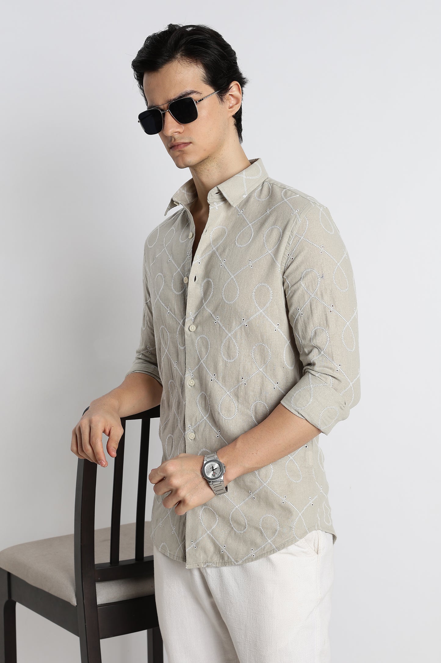 Embroidered Cotton-Linen Shirt Lt Green