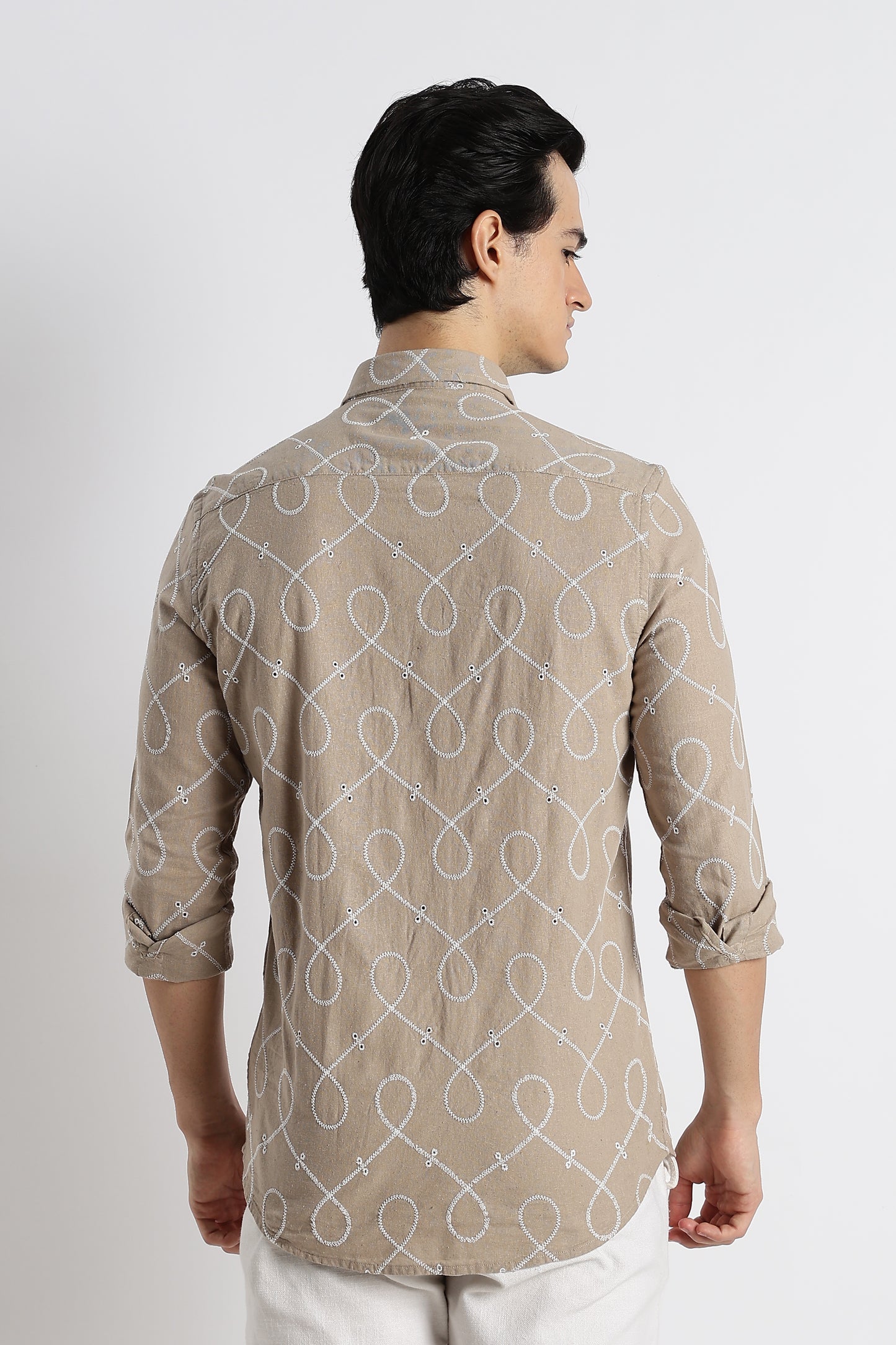 Embroidered Cotton-Linen Shirt Lt Brown