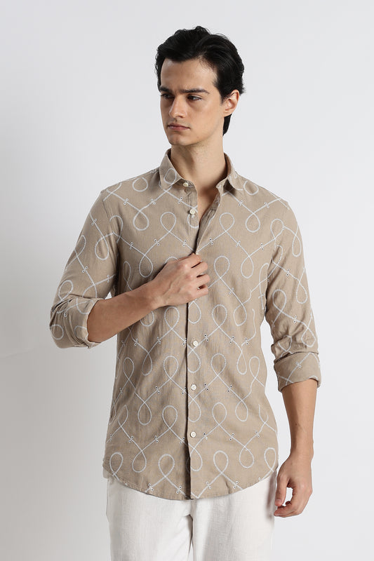 Embroidered Cotton-Linen Shirt Lt Brown