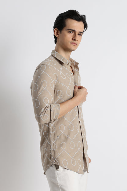 Embroidered Linen Shirt Lt Brown
