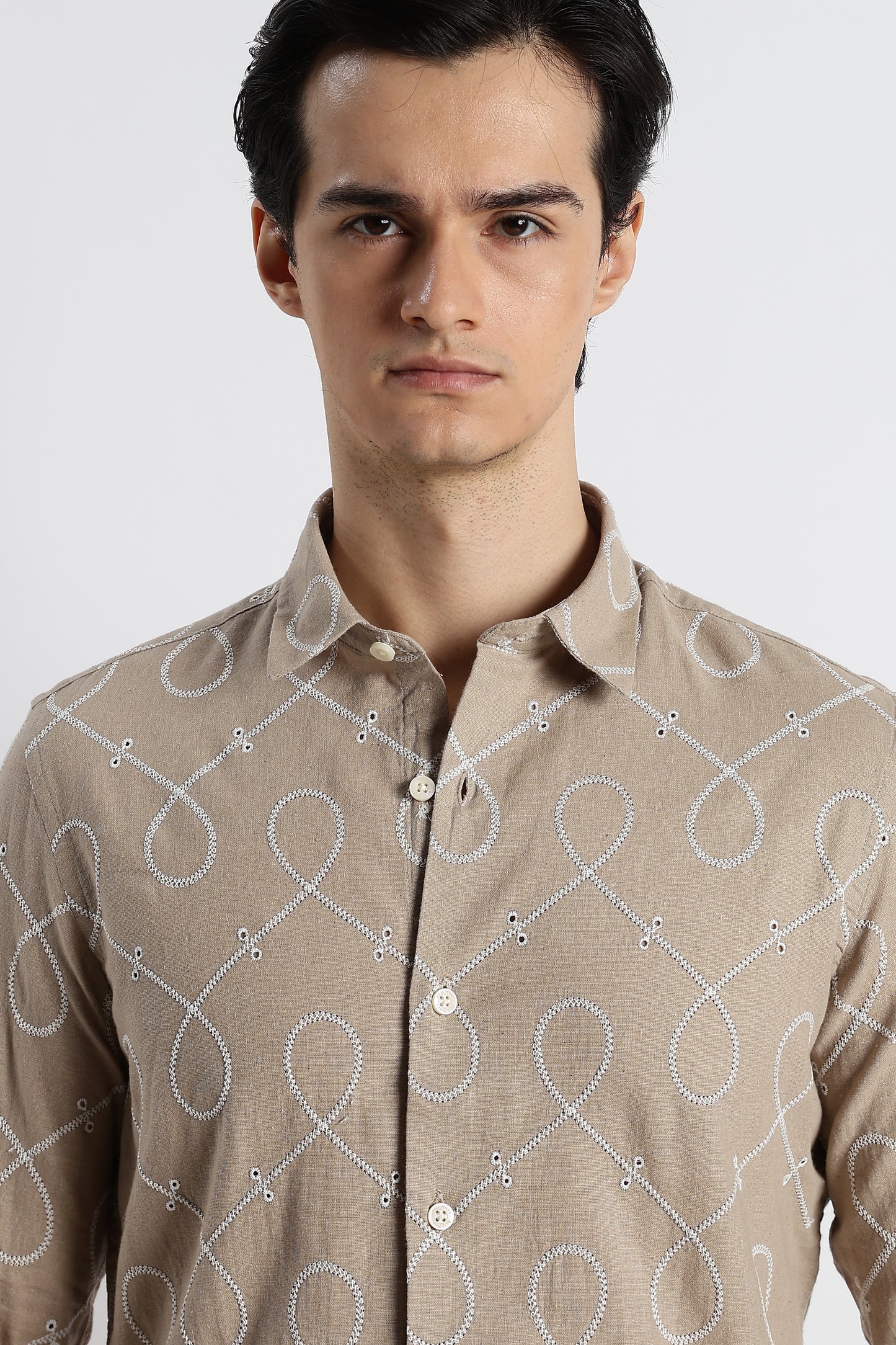 Embroidered Cotton-Linen Shirt Lt Brown
