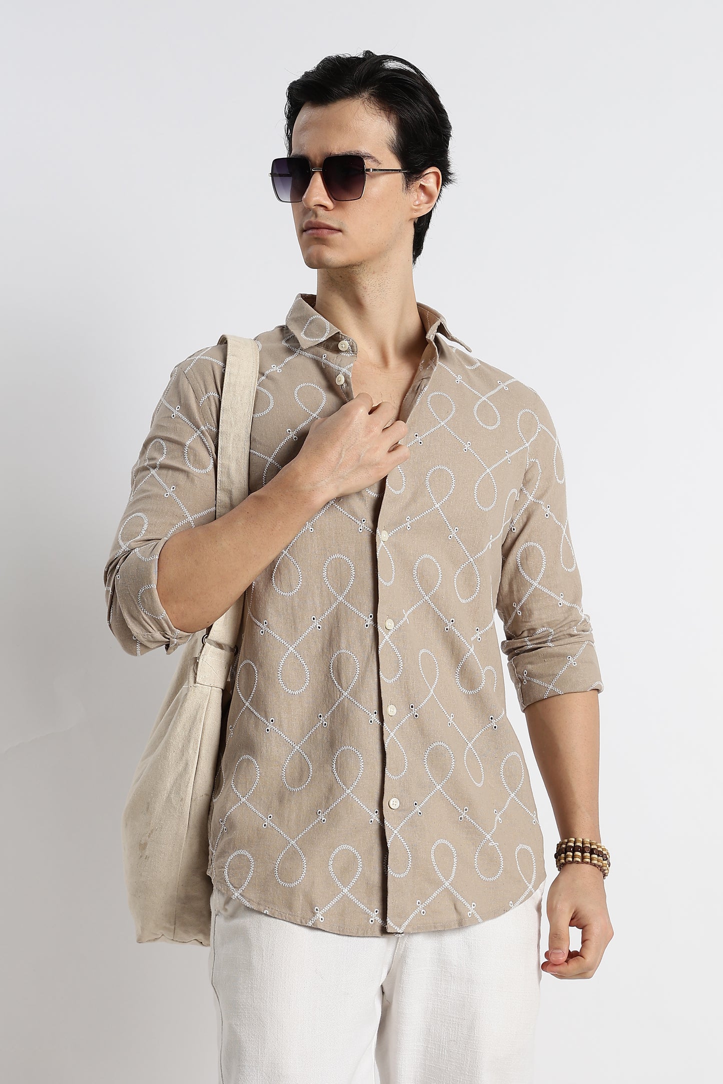 Embroidered Cotton-Linen Shirt Lt Brown