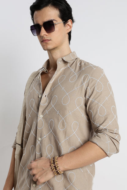 Embroidered Linen Shirt Lt Brown