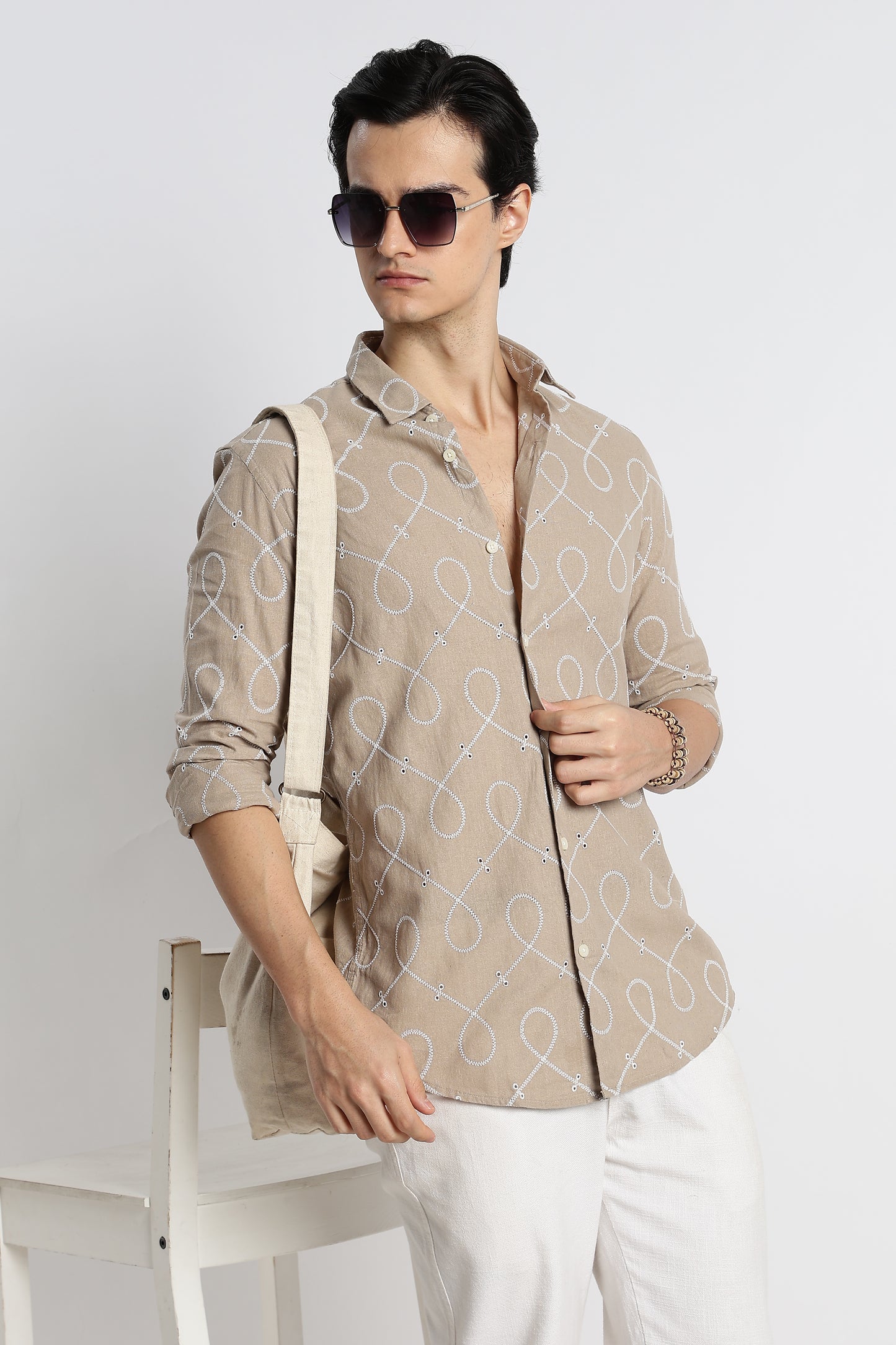 Embroidered Cotton-Linen Shirt Lt Brown