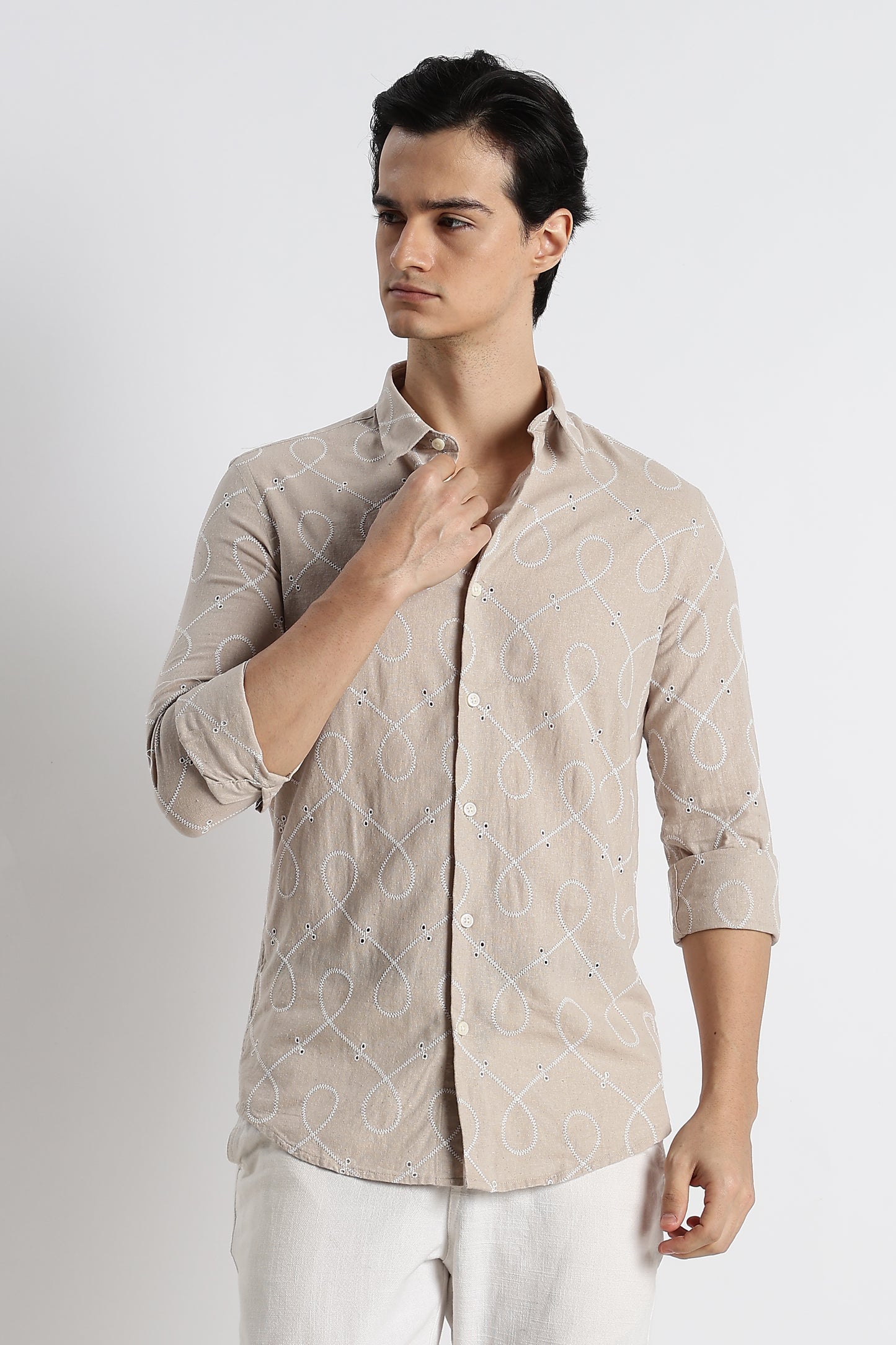 Embroidered Cotton-Linen Shirt Cream