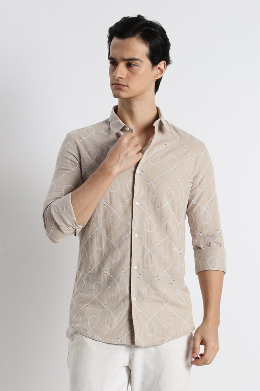Embroidered Cotton-Linen Shirt Cream