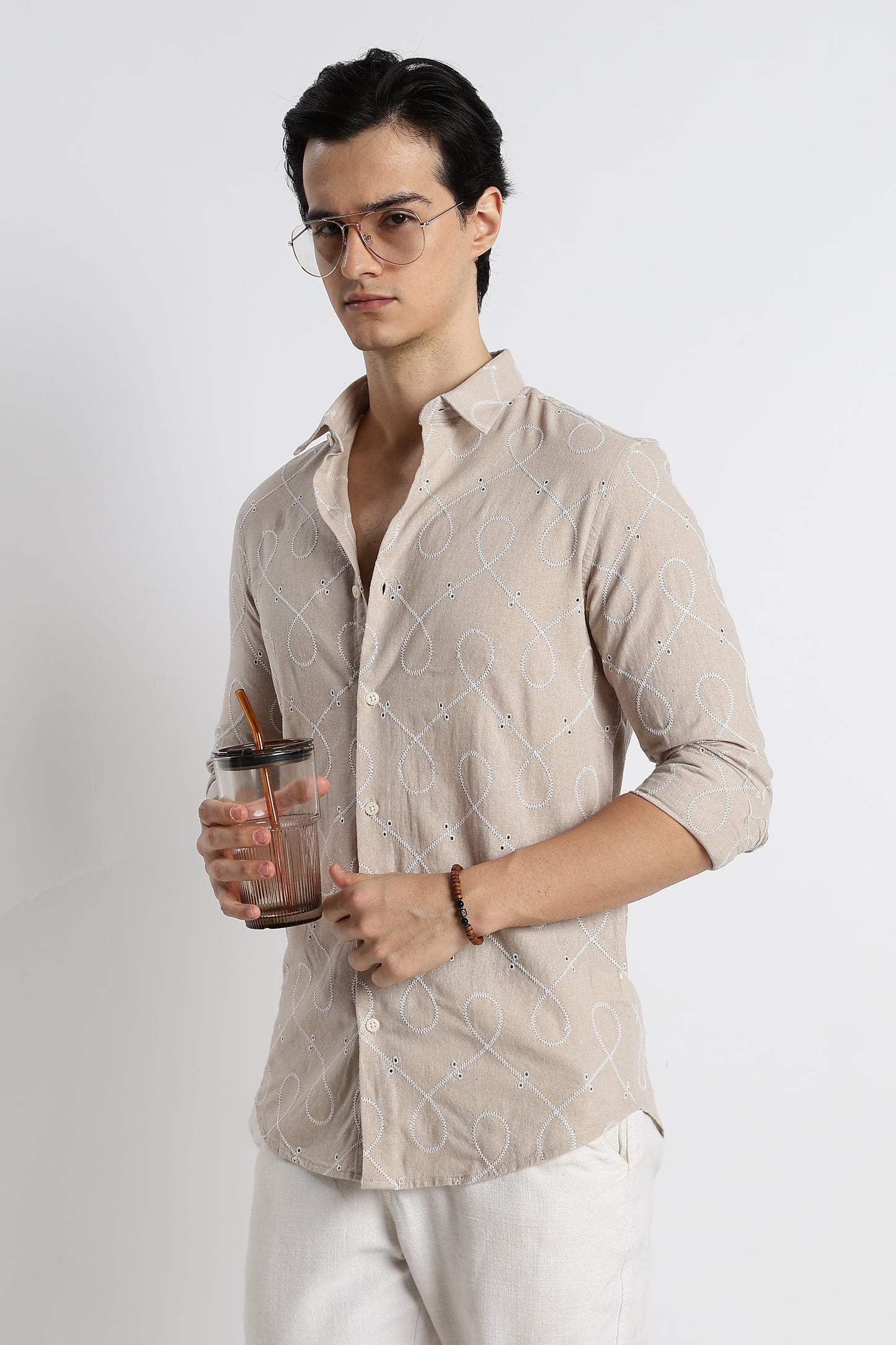 Embroidered Cotton-Linen Shirt Cream