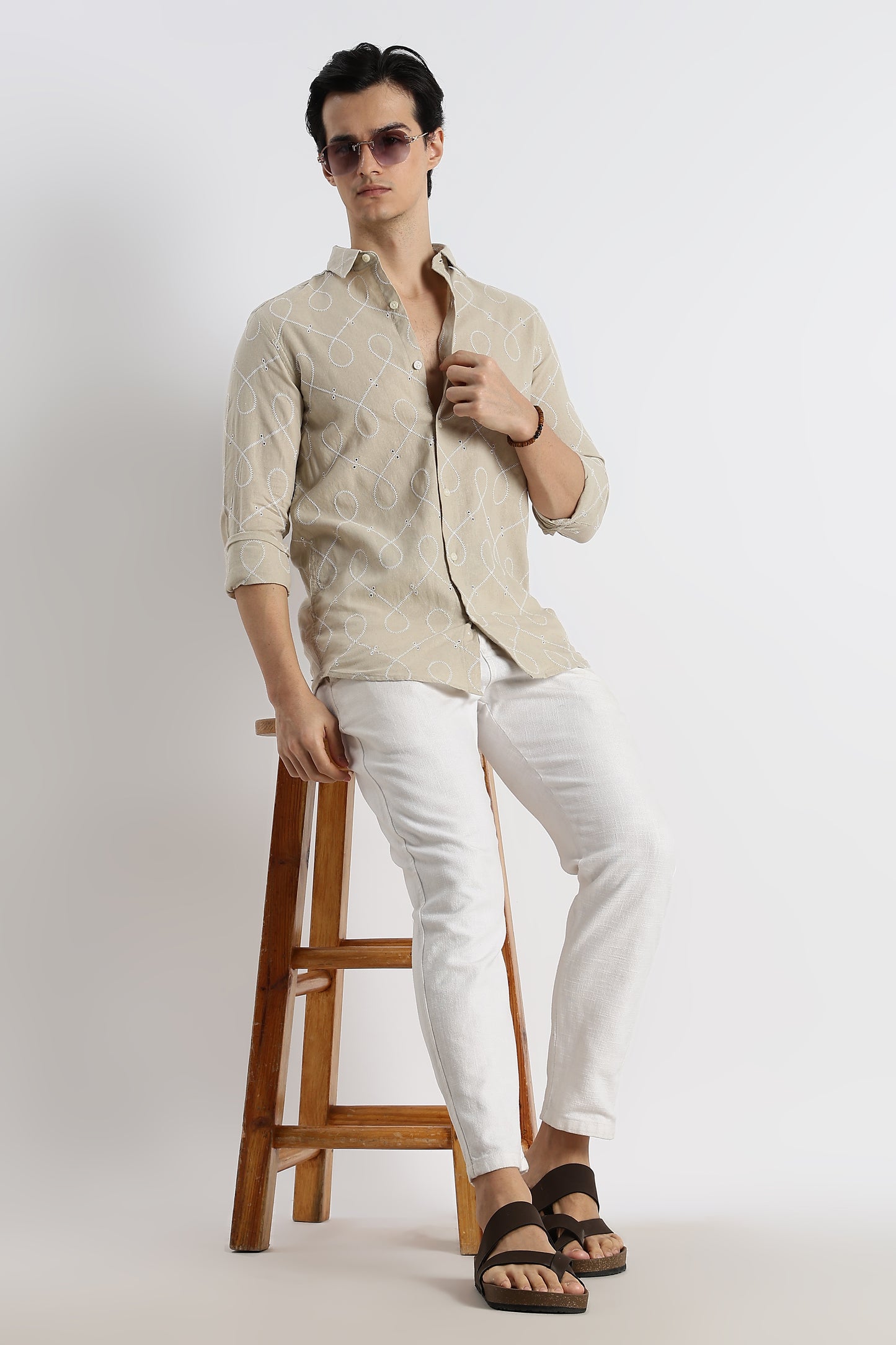 Embroidered Cotton-Linen Shirt Beige