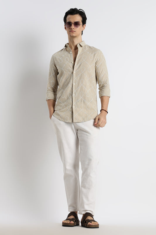 Embroidered Cotton-Linen Shirt Beige