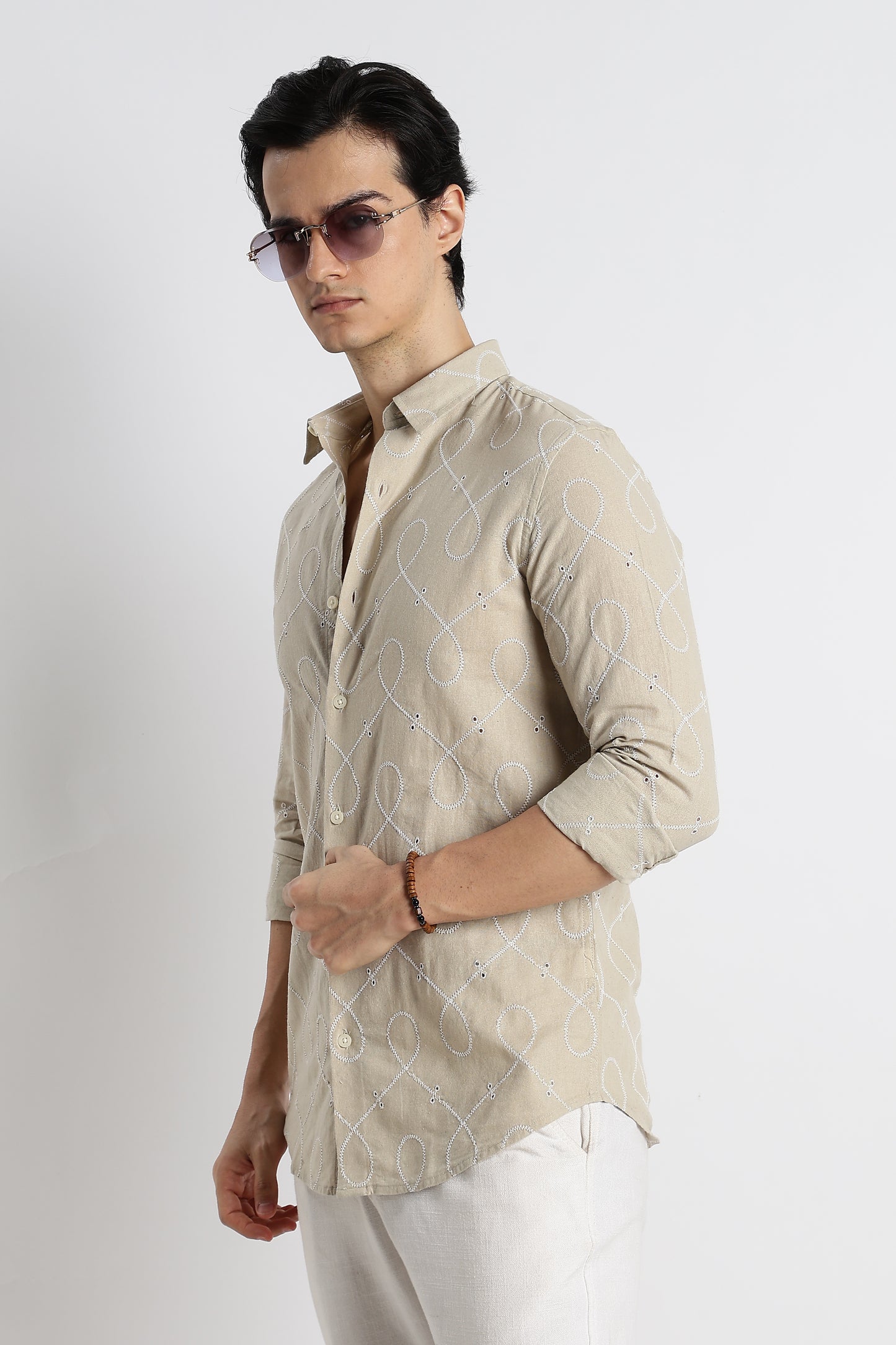 Embroidered Cotton-Linen Shirt Beige