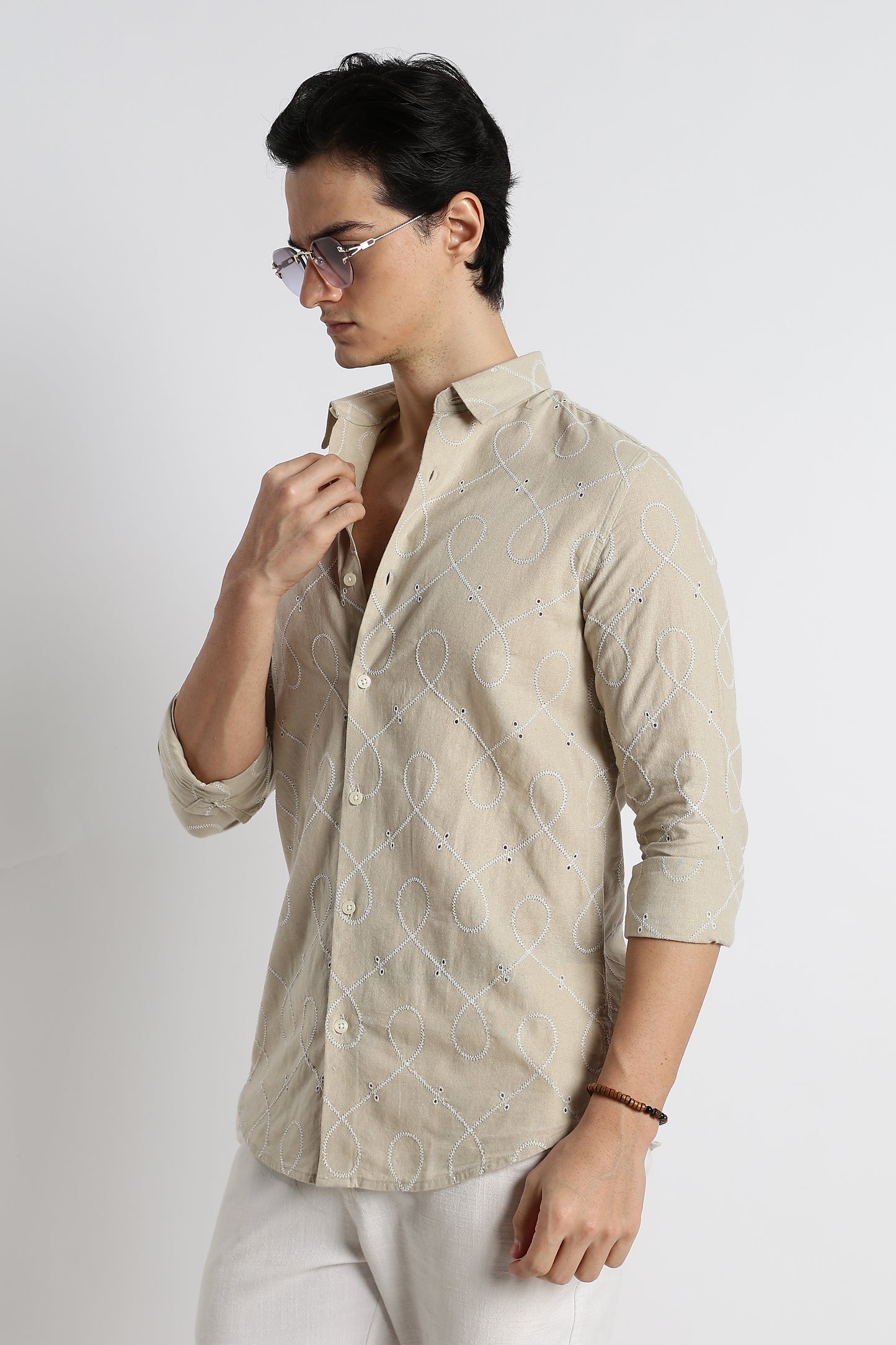 Embroidered Cotton-Linen Shirt Beige