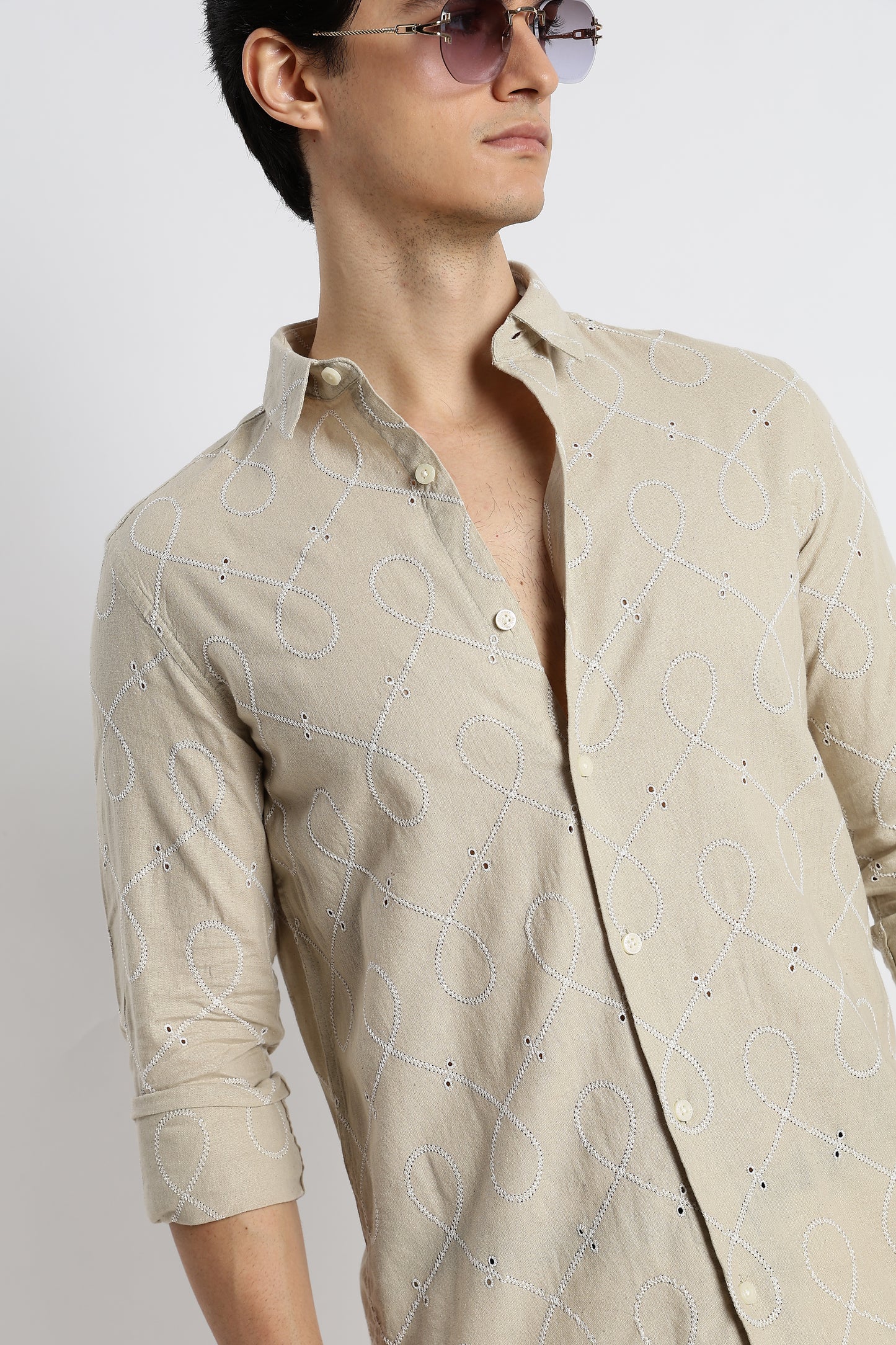 Embroidered Cotton-Linen Shirt Beige