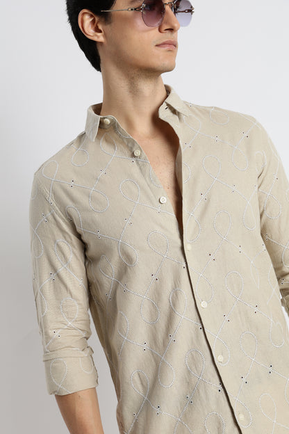 Embroidered Linen Shirt Beige