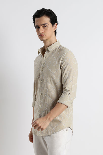 Embroidered Linen Shirt Beige