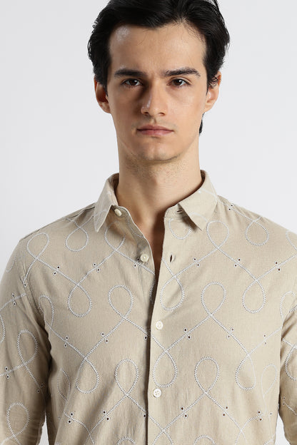 Embroidered Linen Shirt Beige