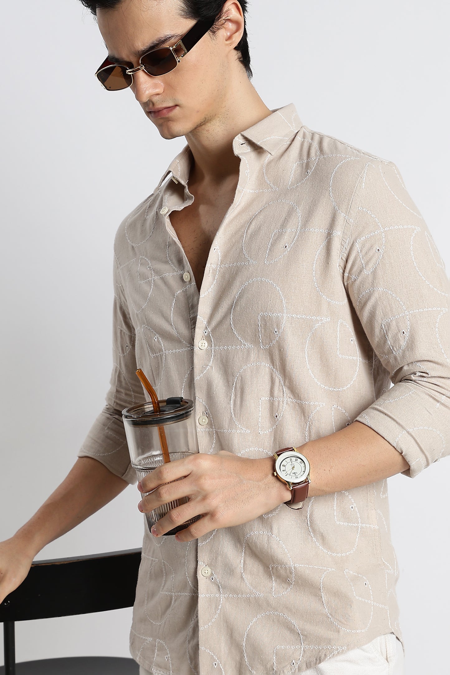 Abstract Geometry Shirt in Cotton Linen Cream