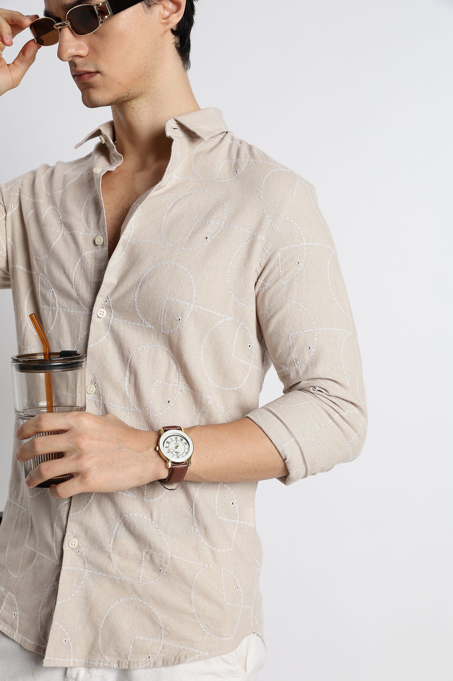 Abstract Geometry Shirt in Cotton Linen Cream