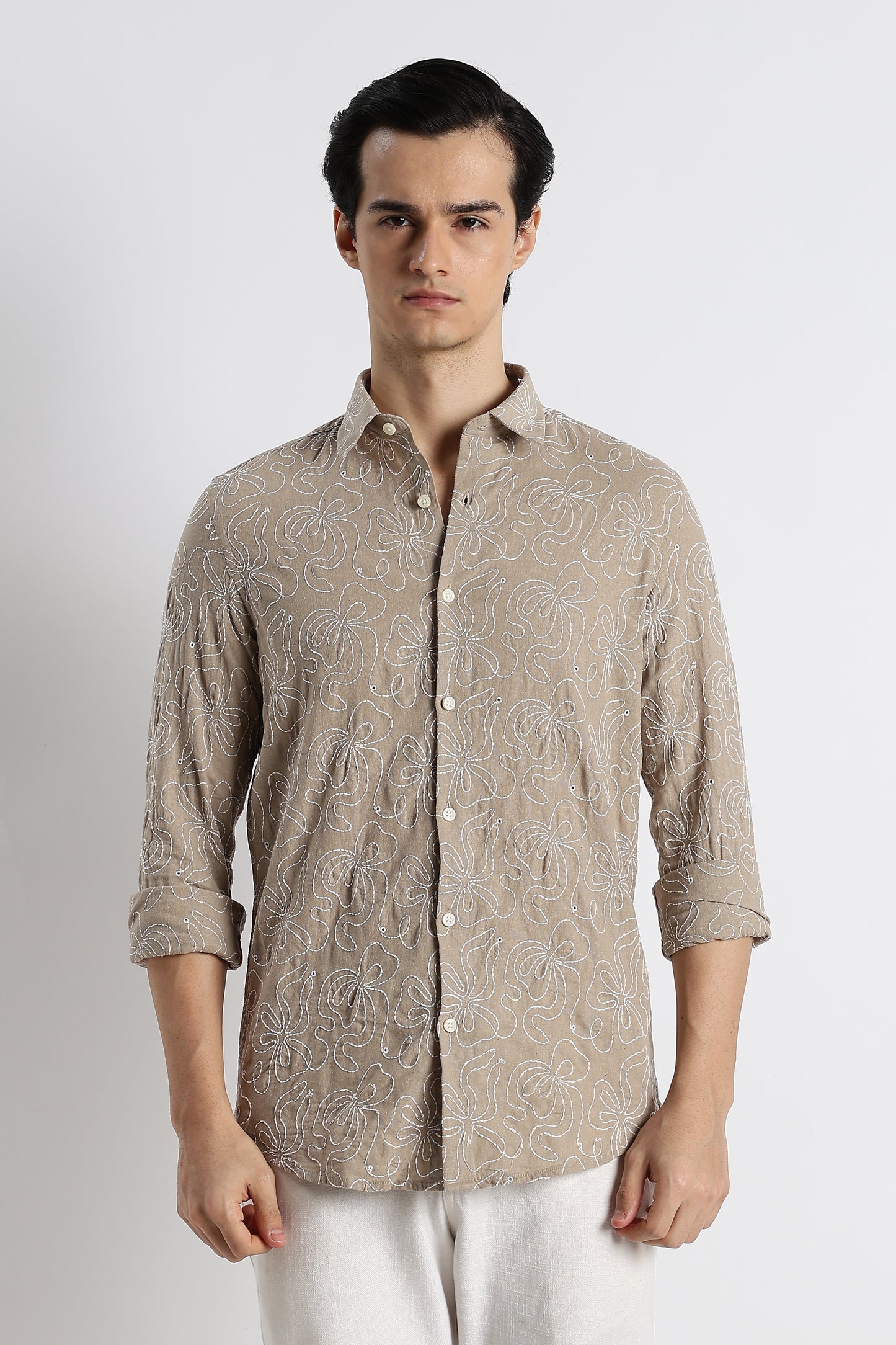 Artisanal Embroidered Shirt Lt Brown