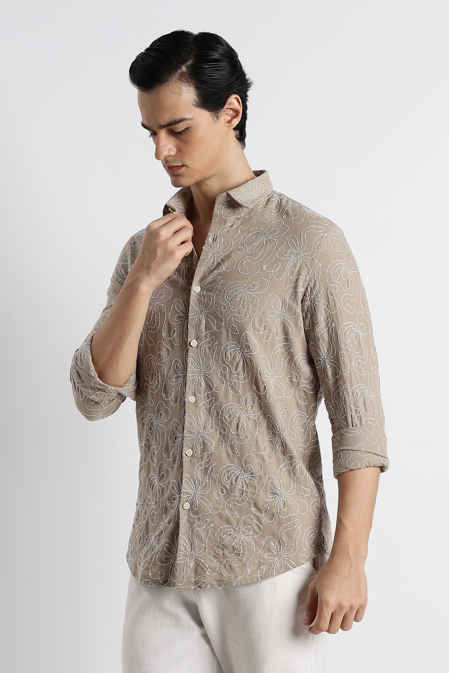 Artisanal Embroidered Shirt Lt Brown