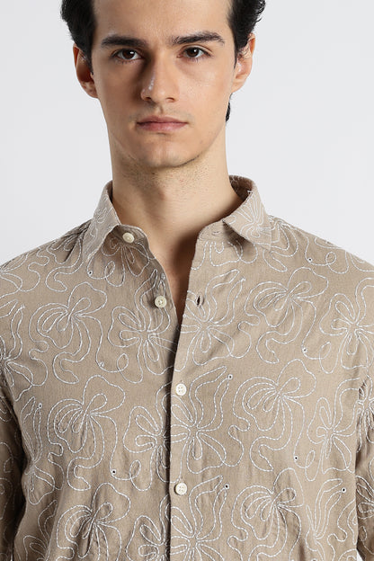 Artisanal Embroidered Shirt Lt Brown