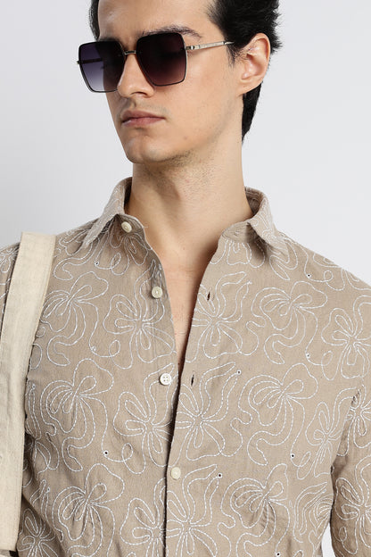 Artisanal Embroidered Shirt Lt Brown