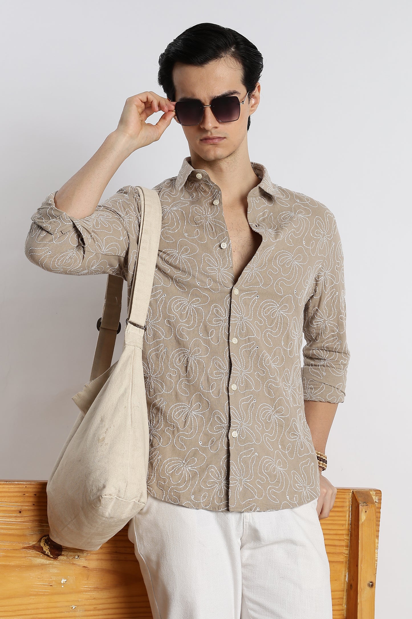 Artisanal Embroidered Shirt Lt Brown