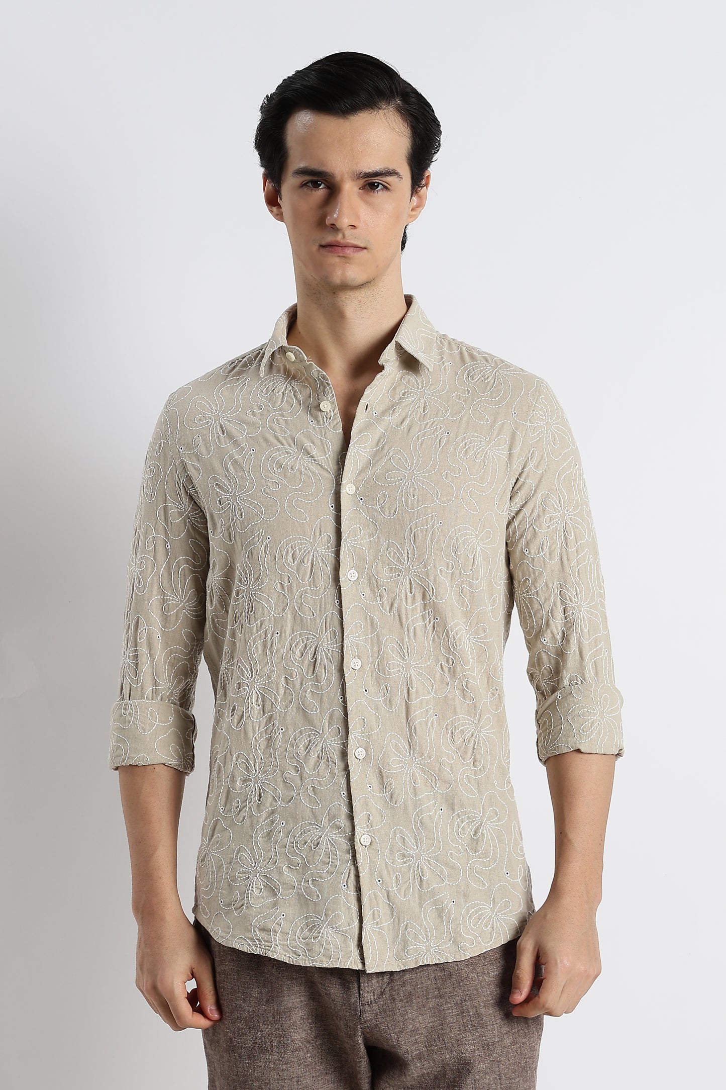 Artisanal Embroidered Shirt Beige