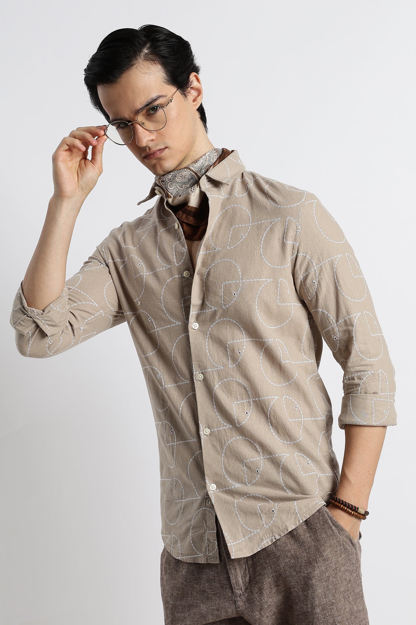 Abstract Geometry Shirt in Cotton Linen Lt Brown