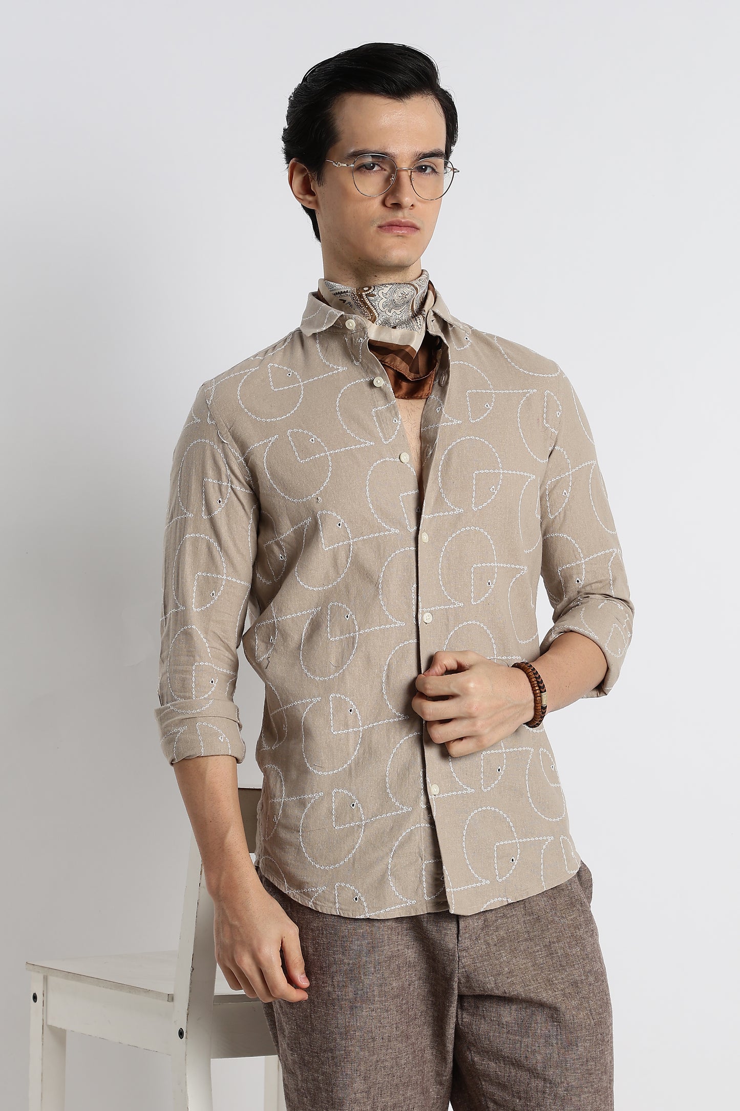 Abstract Geometry Shirt in Cotton Linen Lt Brown