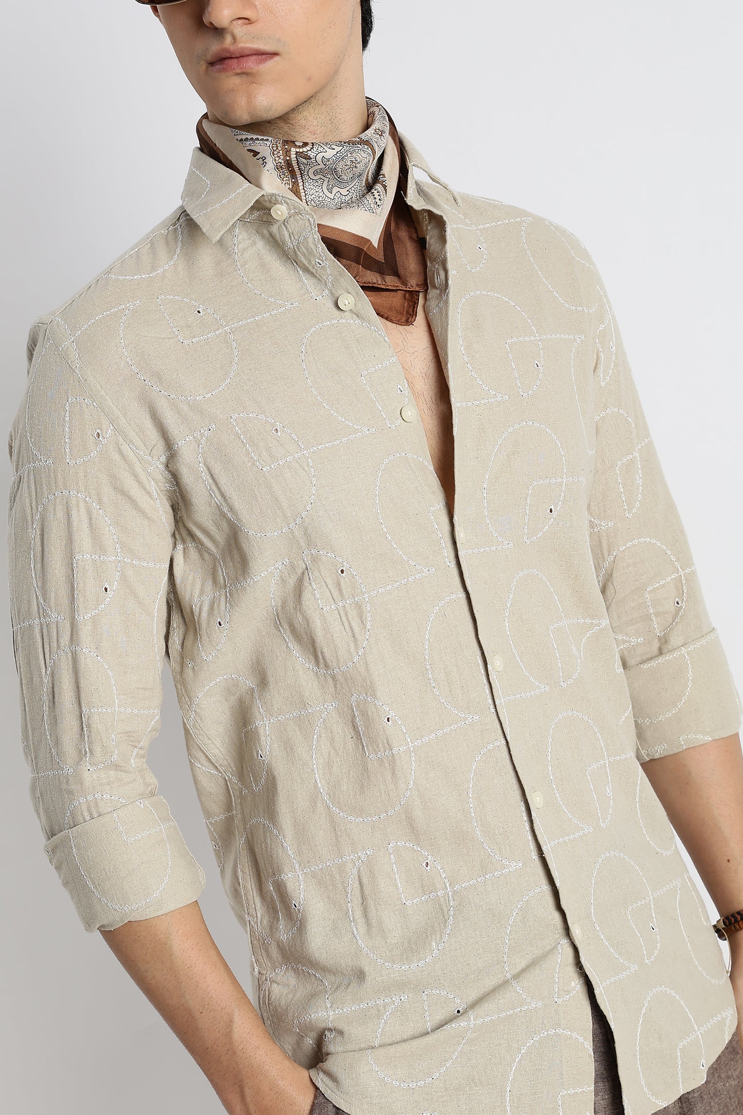 Abstract Geometry Shirt in Cotton Linen Beige