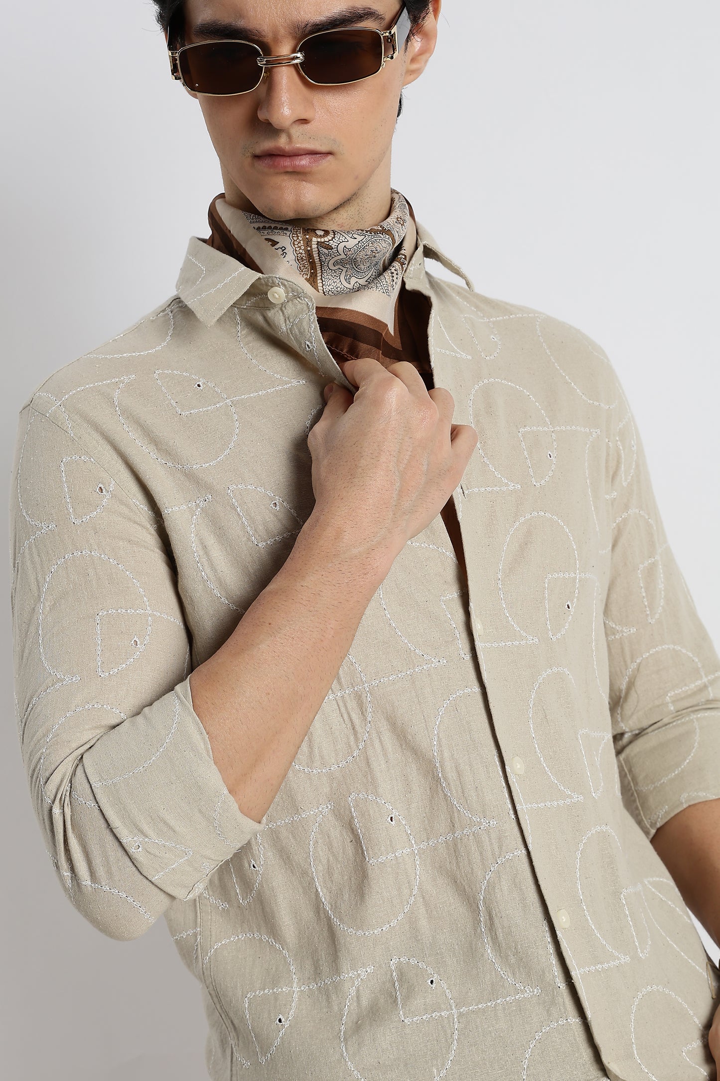 Abstract Geometry Shirt in Cotton Linen Beige