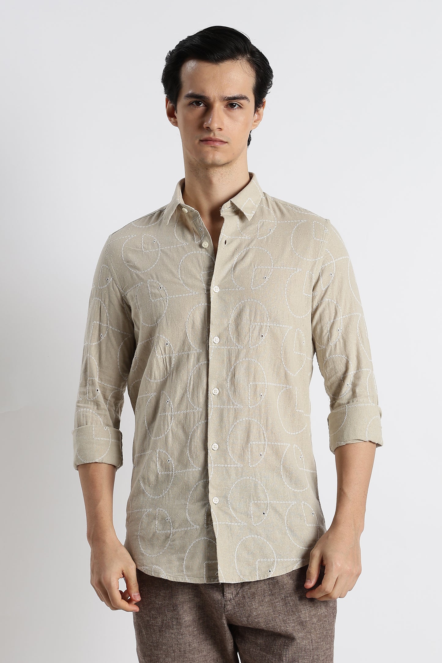 Abstract Geometry Shirt in Cotton Linen Beige