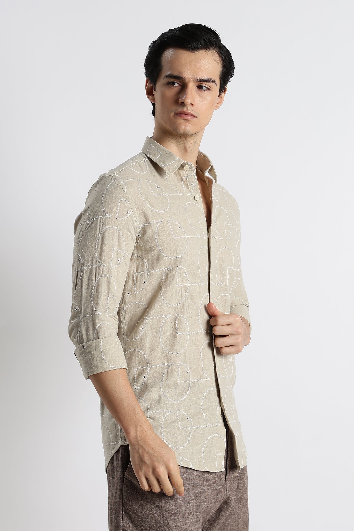 Abstract Geometry Shirt in Cotton Linen Beige