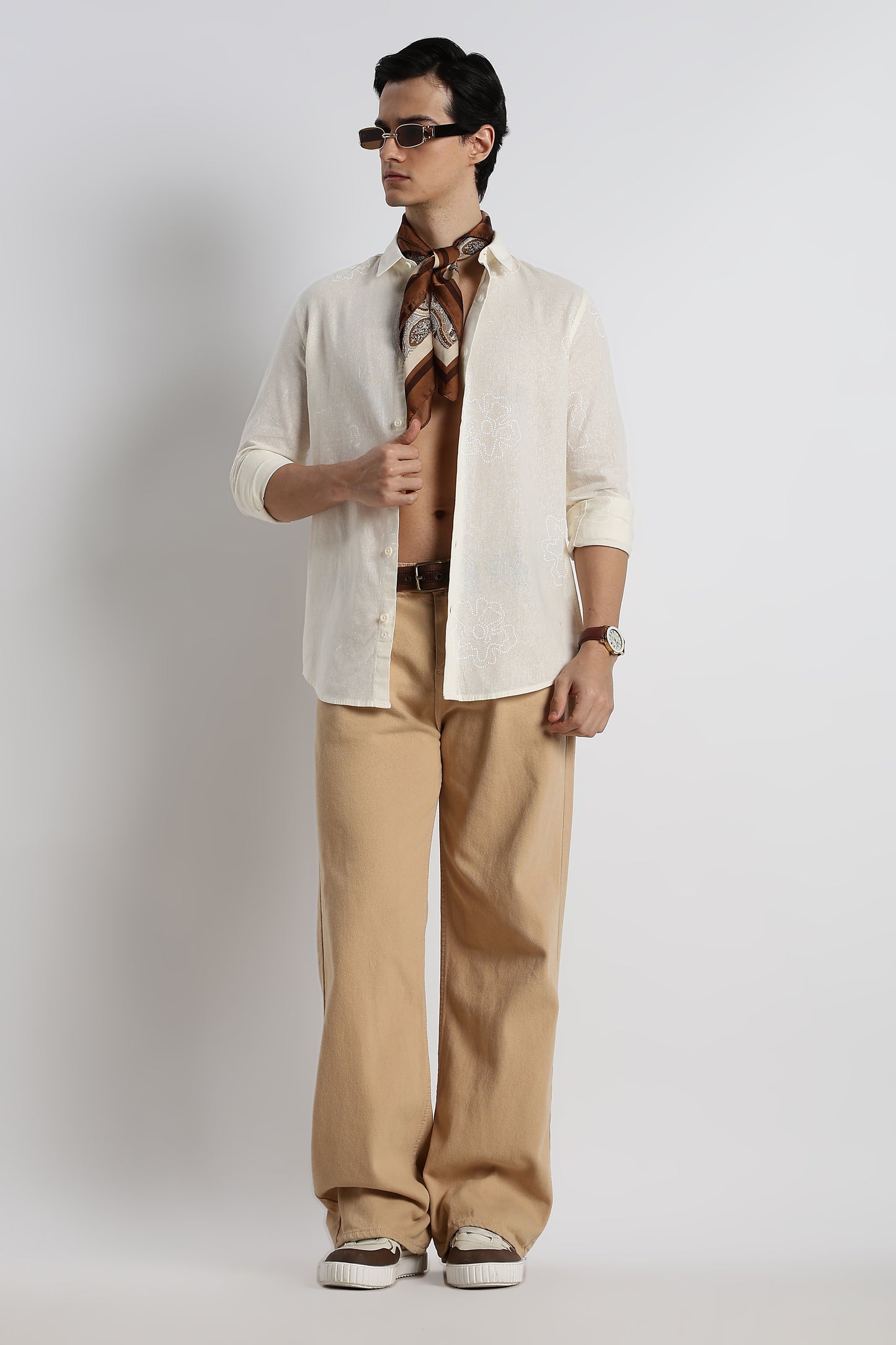 Floral Dot-Print Cotton Shirt Off White