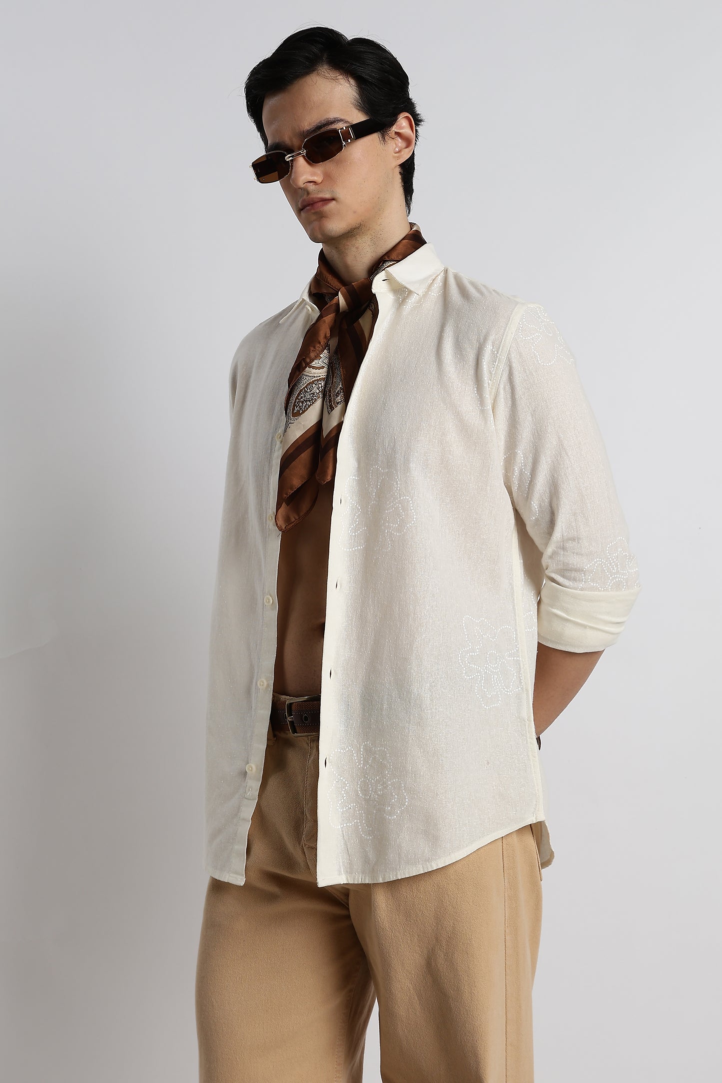 Floral Dot-Print Cotton Shirt Off White